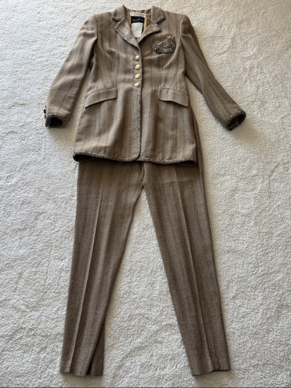 Rena Lange Taupe-Brown Tailored Women's Pantsuit with Gold Buttons